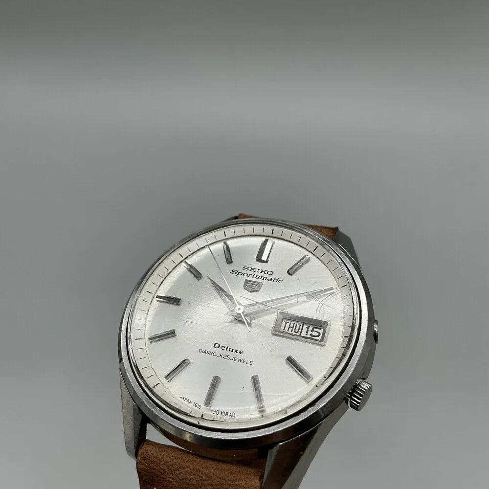 Vintage Seiko Sportsmatic 5 Deluxe Mens Watch 37mm Silver Tone Leather Automatic